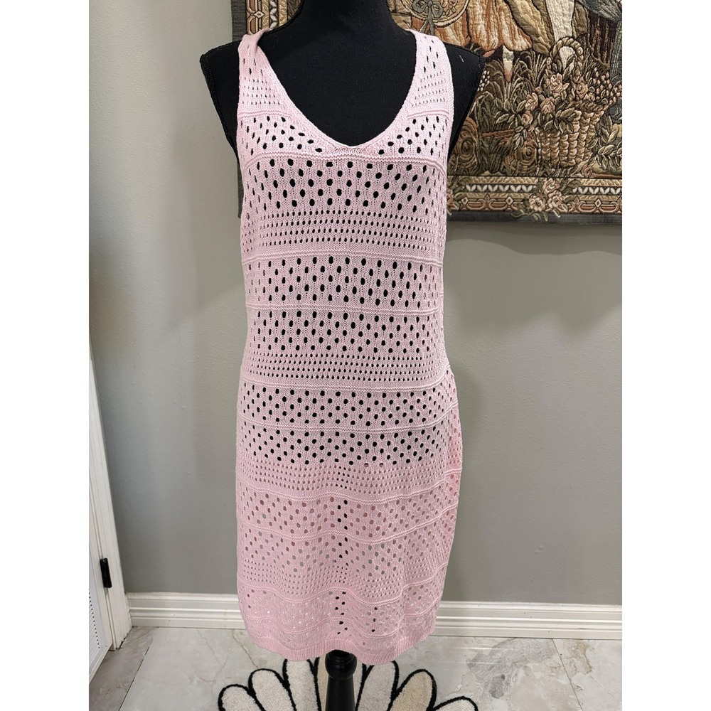 DOKOTOO Dress Womens Large Pink Crochet Knit Sleeveless V Neck Sweater Dress